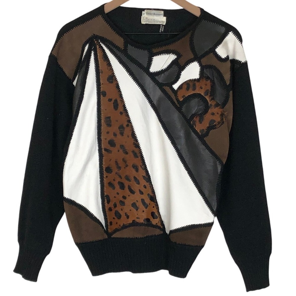 VTG DIDIAN RONSARD France Wool & Patchwork Leather Suede Sweater Sz S Black L/S‎